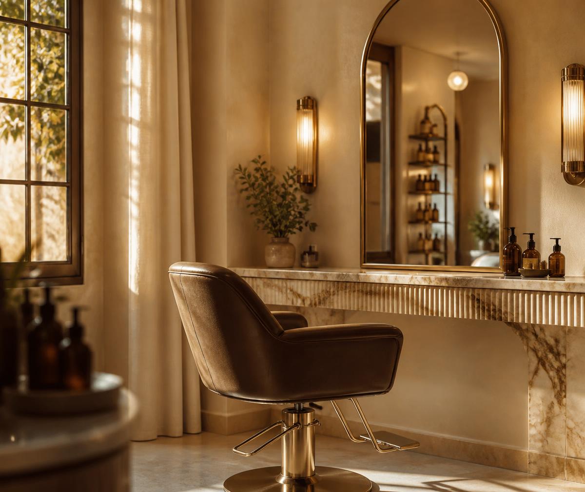 Warm-lit salon interior with brass fittings and a styling chair